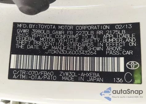 2013 Toyota Prius Two from USA, damaged, VIN JTDKN3DU6D0343264